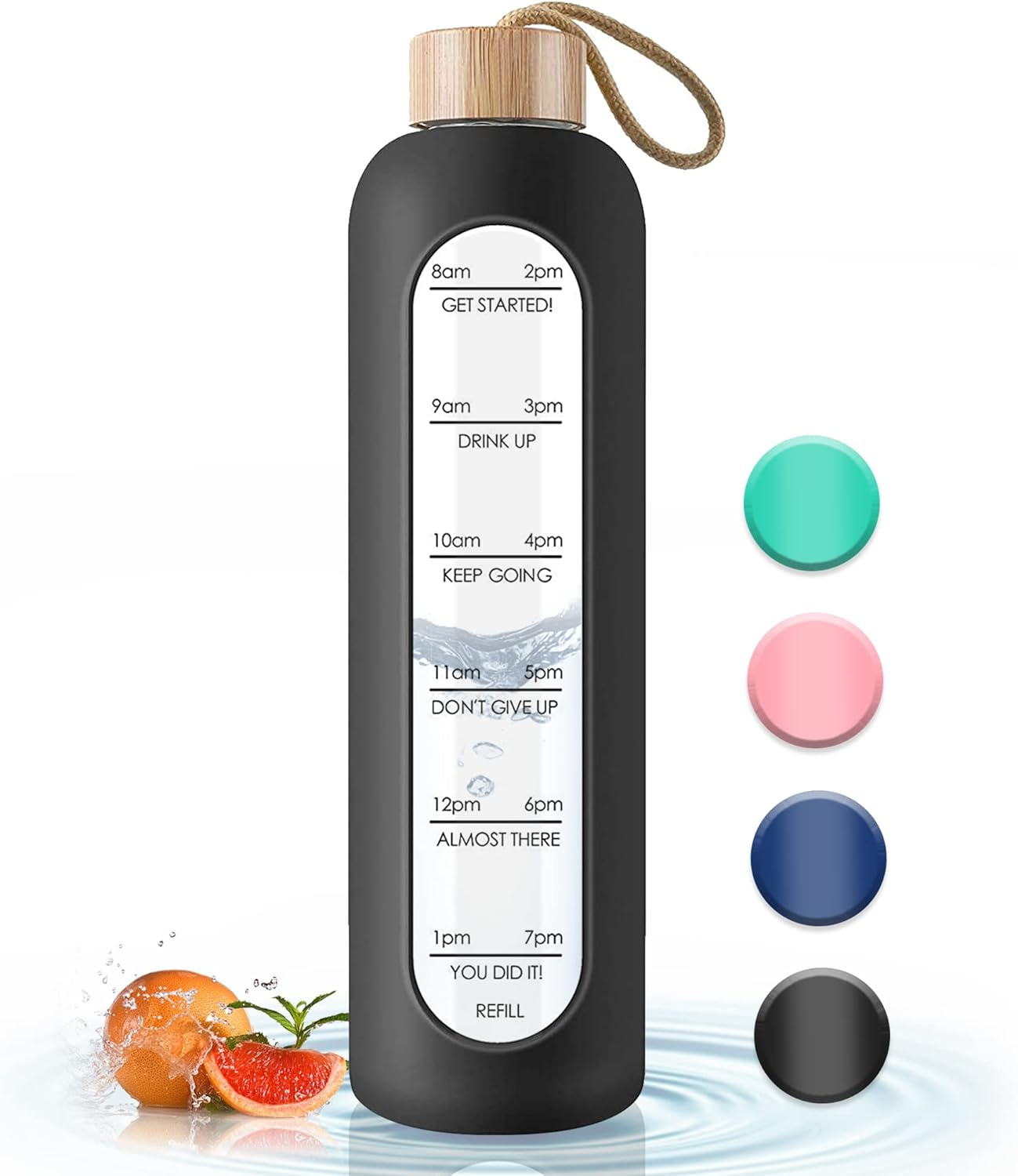 Glass Water Bottle 1 L with Time Markings - 1 Litre Leak-Proof Sports Glass Water Bottle with Bamboo Lid for Sports, Leisure, 1000 Ml Reusable Shatterproof Silicone Cover Water Bottle (White)