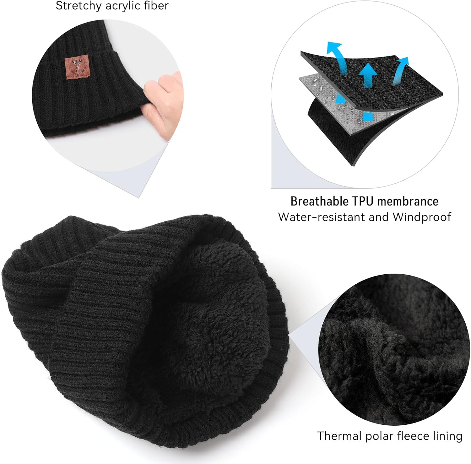 OZERO Winter Beanie Hat Warm Knit Skull Cap Thermal Thick Polar Fleece Snow Cap for Men and Women image number 2