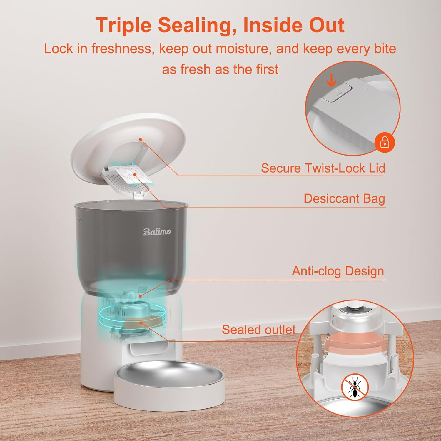 Balimo Automatic Cat Feeder, 3L Cat Food, Programmable Timer, Cat Feeder, Automatic Feeder for Cats and Dogs, 1-6 Meals a Day, with Stainless Steel Bowl Basin, White - White image number 3