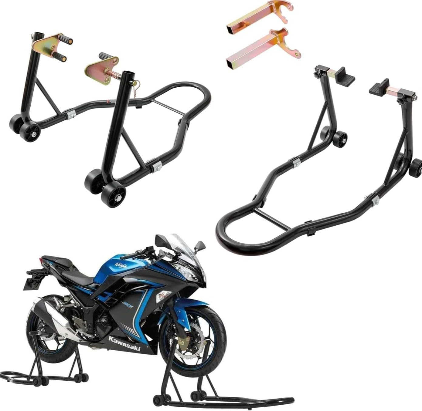 LIODUX 850LBS Motorcycles Stand Lift Stand, Front Rear Combo Lift Stand, Front Wheel Fork Stand, Rear U+L Fork Swingarm Spool Stand, Compatible with Most Motorcycles