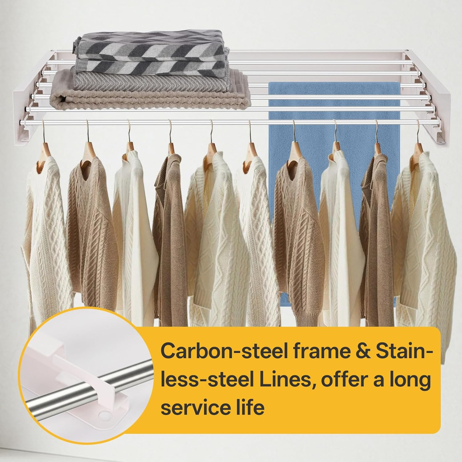 Aubeco Wall Mounted Drying Rack, Foldable Laundry Racks for Clothing, Towel, 5 Stainless Steel Rods, 31.5Inch, White image number 3