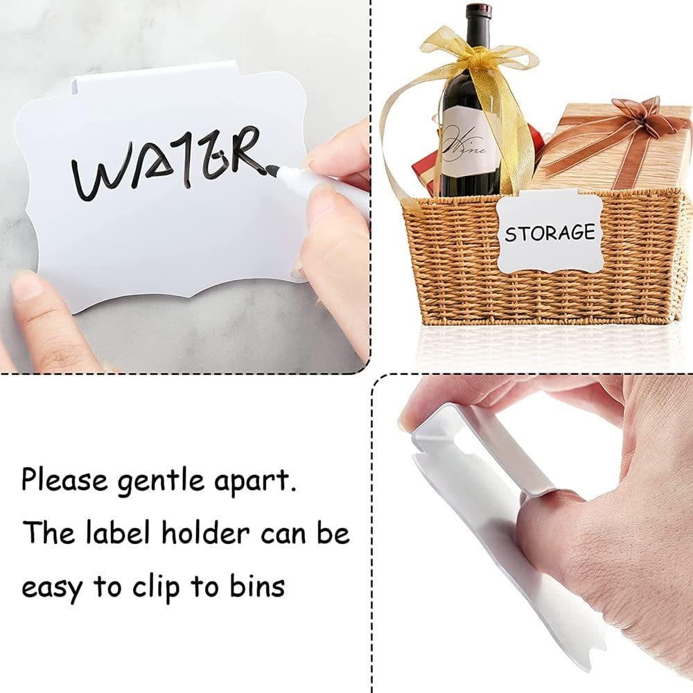 Label Clips Basket Clip on Label White Label Holdera 32 Pieces Basket Labels Clips and Pens Set Includes 32 Pieces Kitchen Clip Label Holder and 2 Pieces Chalk (White)