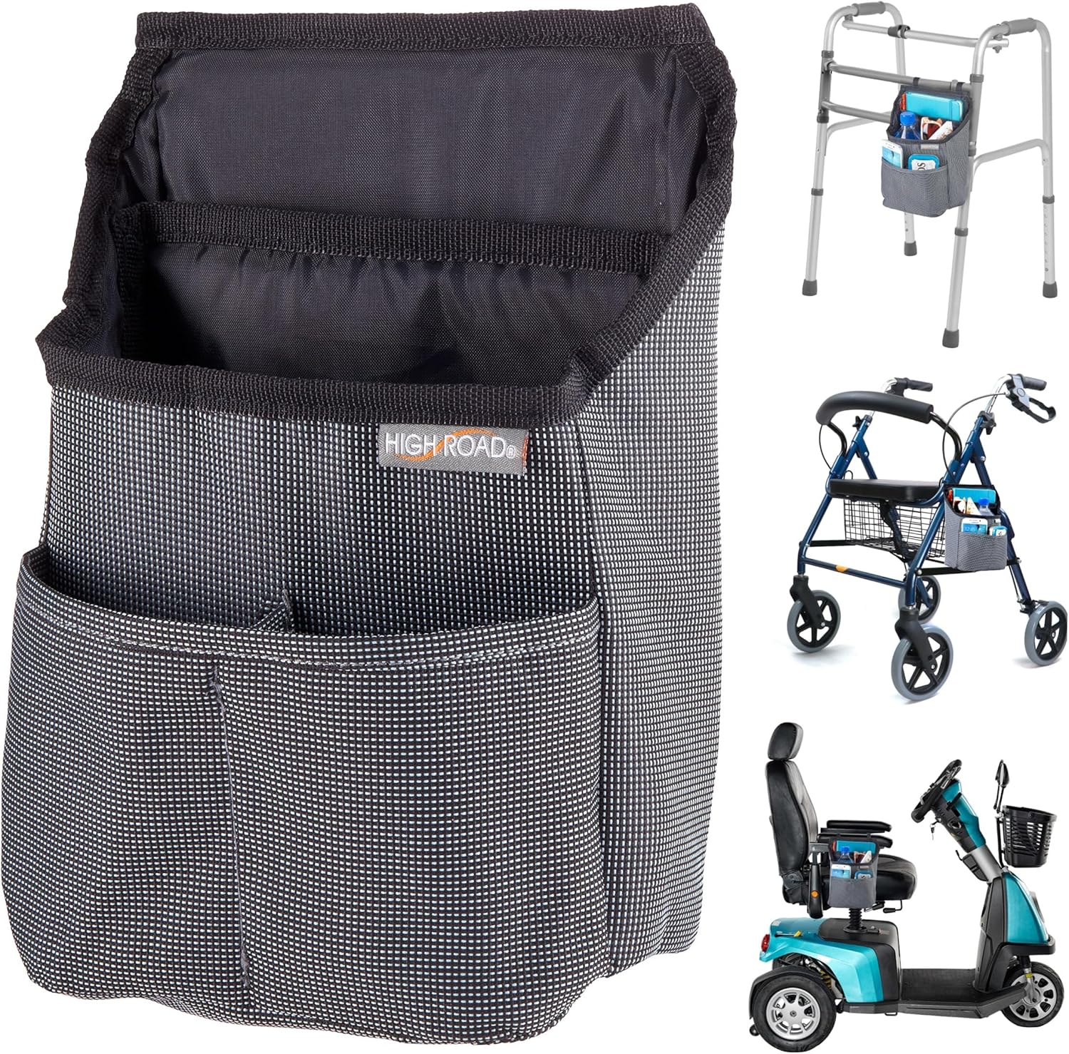 High Road Mobility Scooter Organizer, Compact Walker Bag and Wheelchair Side Bag with Easy Access Pockets for Adult Daily Living Needs (Gray Check)