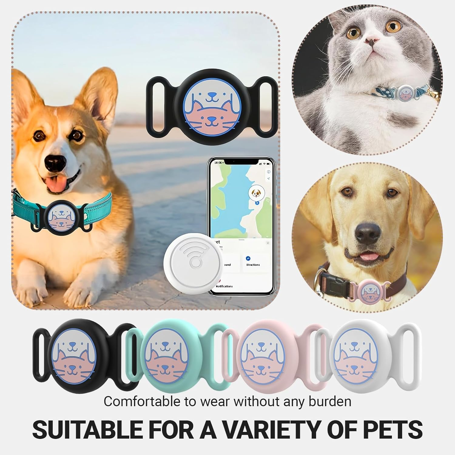 JOWILIN 4 Pack Airtag Cat Dog Collar Holder, 4 Colors Pet Tracker Case Cover Compatible for Apple Airtag, Waterproof & Scratch-Resistant Soft Silicone Protective Case for Air Tag (No Included)