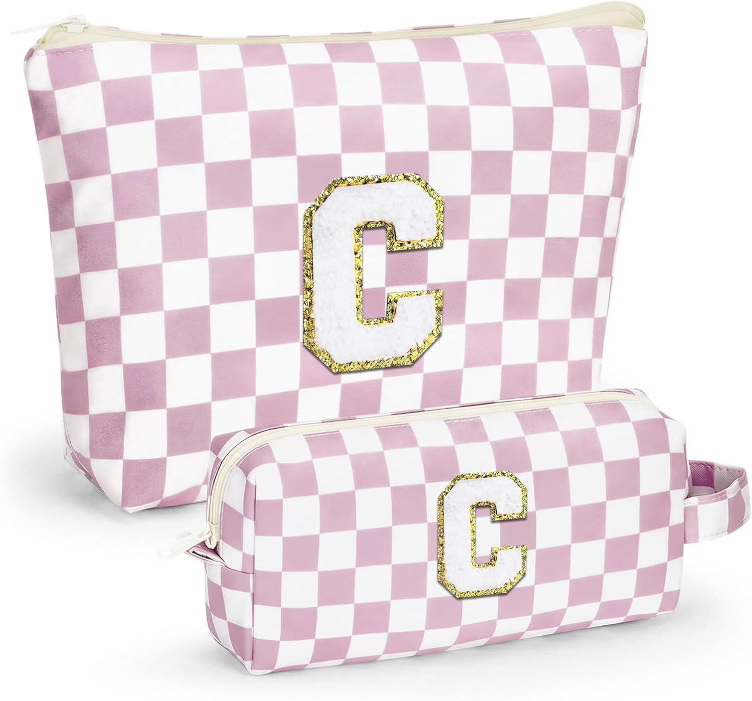 LIAN Initial Makeup Bag Set Checkered Makeup Bag Personalized Cosmetic Bags Makeup Travel Bag 10 11 12 13 14 16 18 Years Old Birthday Gifts for Women Teen Girl Gifts Trendy Stuff(Pink-C)