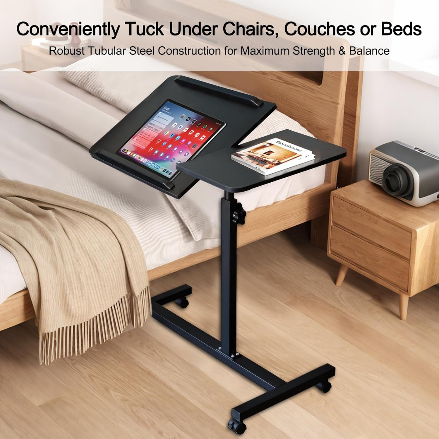 ONEIN Adjustable Laptop Table for Bed Couch Sofa, Portable Standing Desk with Rolling Casters for Home Office, C Shaped Small Study Table, Tiltable & Stable (Black) image number 2