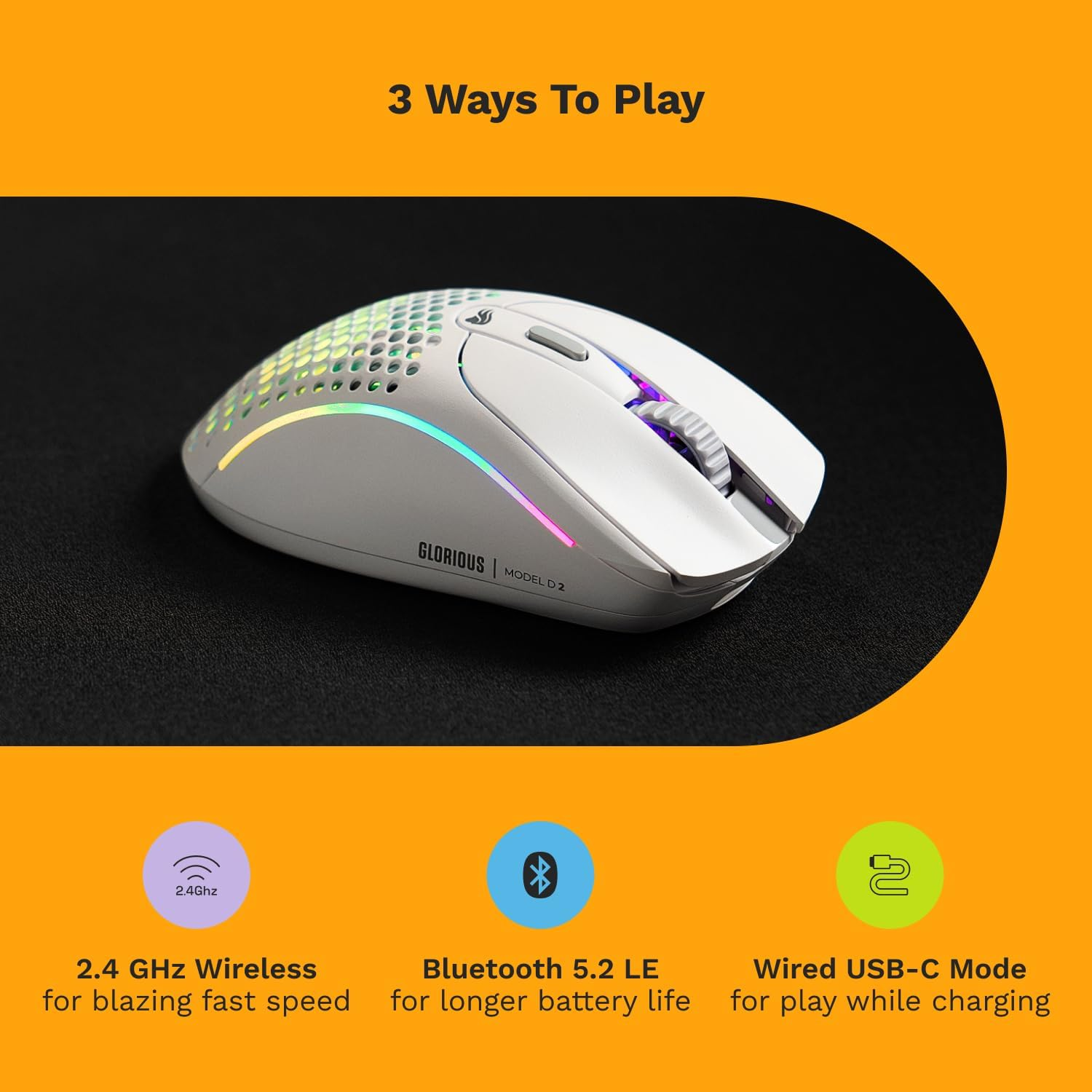 Glorious Gaming Model D 2 Wireless Gaming Mouse - Super Light 66G, up to 210H Battery, 26K Opt. Sensor, 6 Program Buttons, 80 Million Clicks, FPS, MMO, MOBA - Matte White image number 2