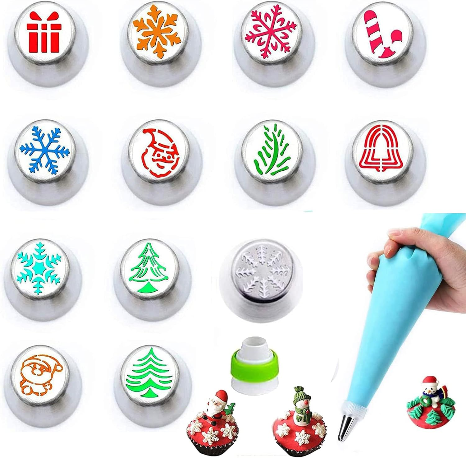 Christmas Flower Frosting Tips Nozzles, Xafissy 15PCS Christmas Russian Piping Tips Christmas Icing Nozzles Snowman Snowflake Christmas Tree Santa Claus Pattern for Baking Cupcake Birthday Party image number 4