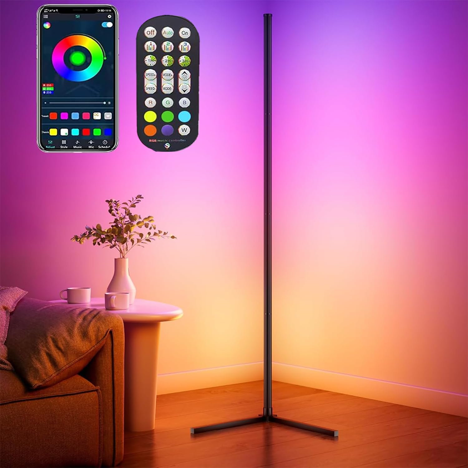 Smart RGB Corner Floor Lamp, 16 Million Colors LED Floor Light with App & Remote Control, 68+ Scene Modes Music Sync for Bedroom, Living Room, Gaming Room, Dimmable Ambient Mood Lighting image number 1