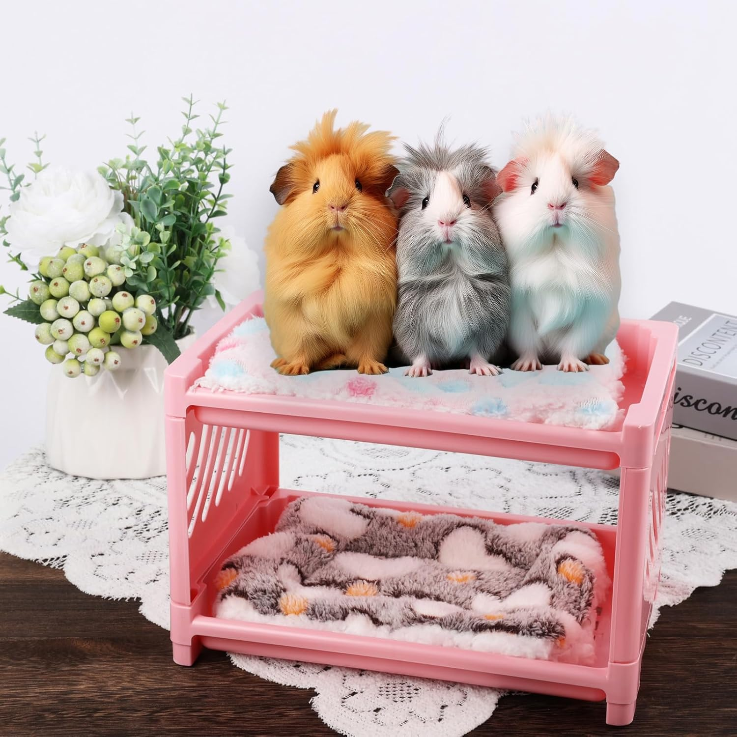Double Layer Bed with 2 Blankets, 9" Plastic Guinea Pig Hideout, Cage, Small Animal, Corner Hide, Guinea Pig Accessories image number 2