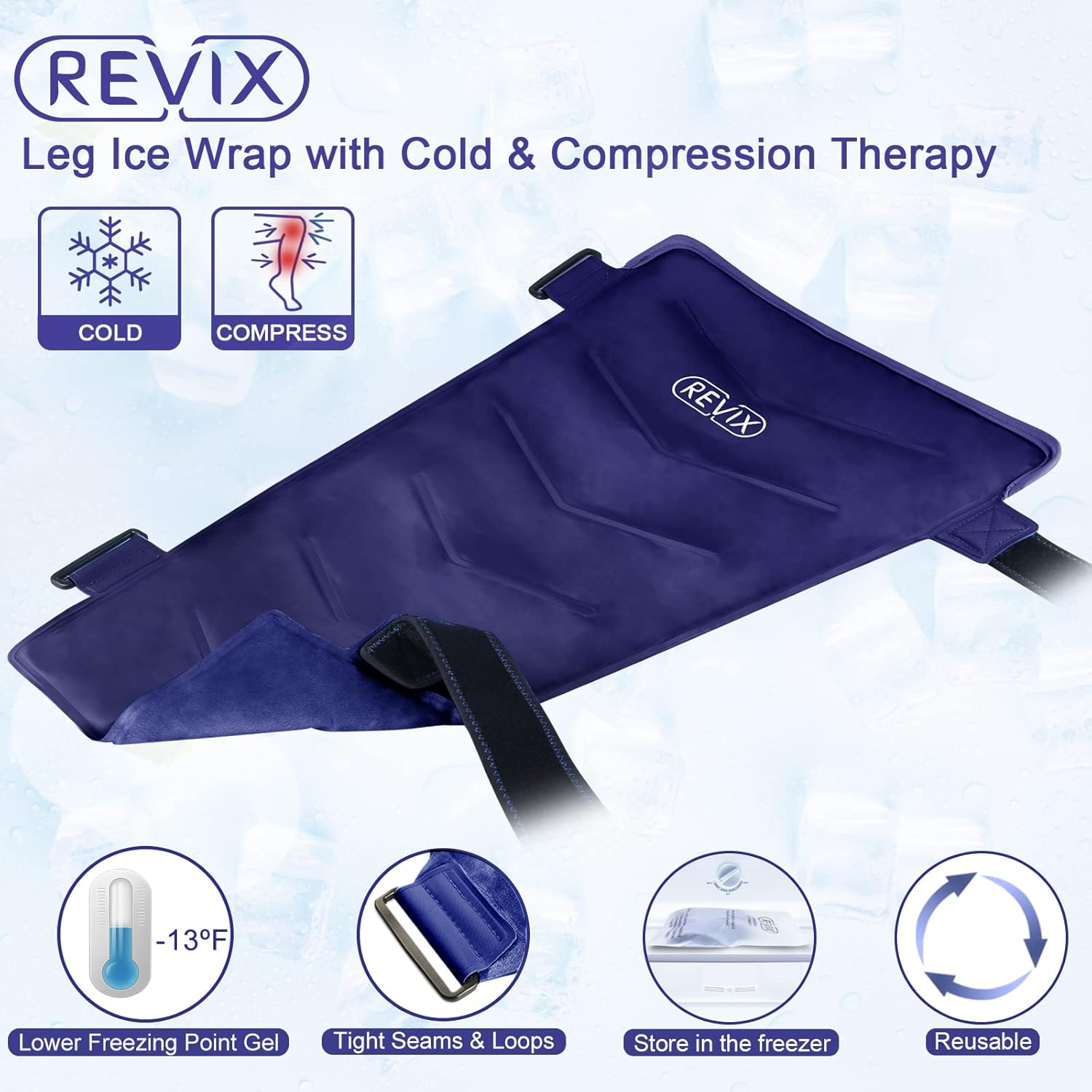 REVIX Large Leg Ice Pack for Injuries Reusable, Gel Ice Wrap for Leg, Hip, Thigh, Knee and Shin Splint, Cold Compress Therapy for Pain Relief, Injury Recovery, Swelling, Bruises with 3 Straps image number 3