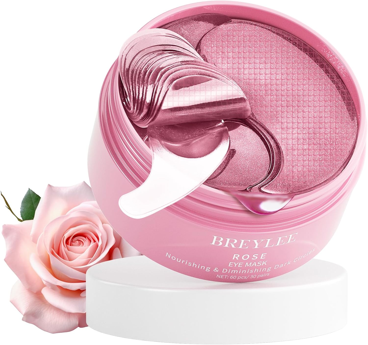 BREYLEE Pink Rose Eye Mask&ndash; 60 Pcs - Puffy Eyes and Dark Circles Treatments &ndash; Look Younger and Reduce Wrinkles and Fine Lines Undereye, Improve and Firm Eye Skin - Pure Natural Material image number 2