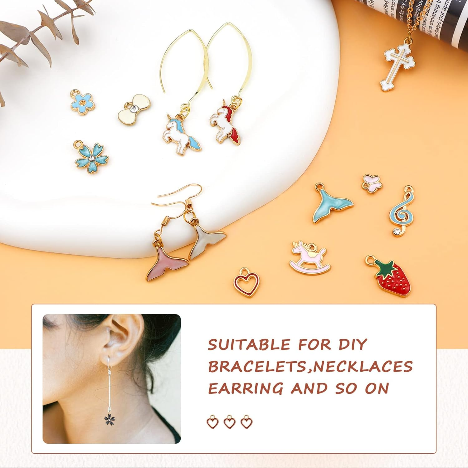 JIALEEY 100PCS Gold Plated Enamel Charms Mixed Moon Star Fruit Animal Charm Colorful Pendant DIY for Necklace Bracelet Jewelry Making and Crafting, Zinc Enamel, Alloy Enamel