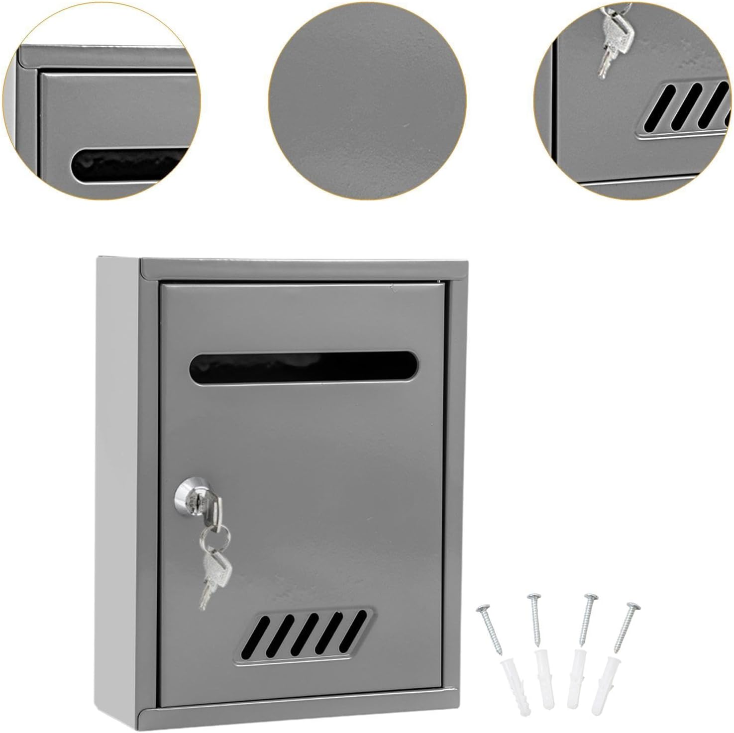 Kuntesetty Wall Mounted Lockable Mailbox Windproof Metal Security Mailbox for Front Door Outdoor Home Decor, Gray - Grey image number 3
