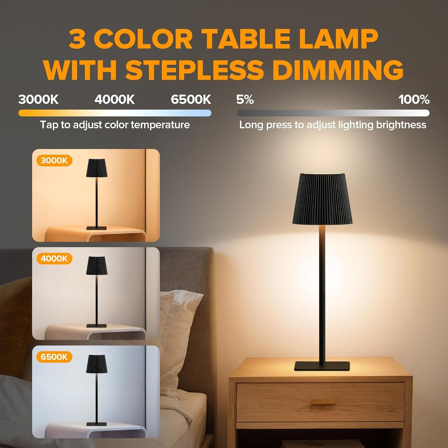 Telfun 2 Pack Cordless Table Lamp,6000Mah Rechargeable Battery Operated Desk Lamp,Two Adjustable Heights,Waterproof, Touch Control & 3 Color Stepless Dimming for Restaurant/Bedroom/Bars/Outdoor image number 3