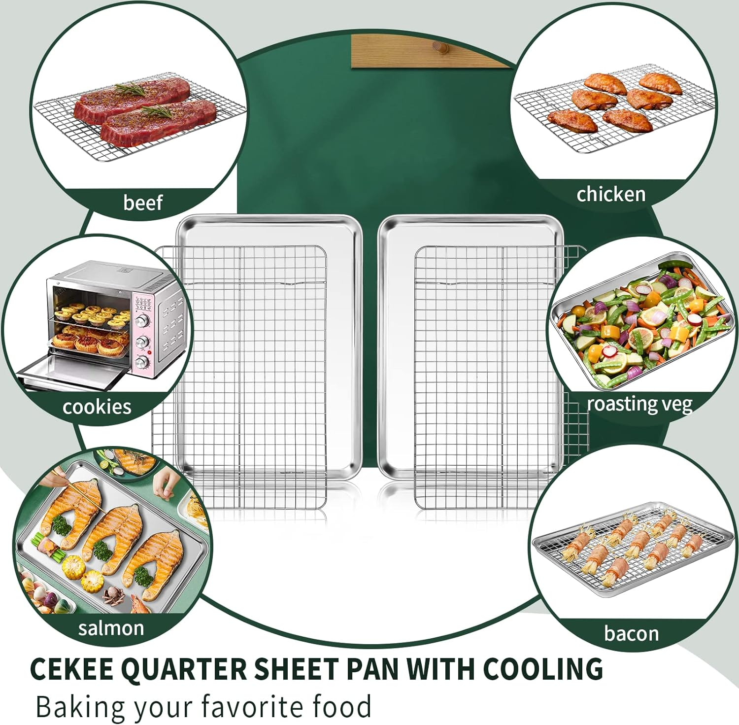 CEKEE Quarter Sheet Pan with Cooling Rack Set [2 Baking Sheets + 2 Baking Racks], Stainless Steel Cookie Sheets for Baking and Wire Rack - Rust & Warp Resistant & Nonstick, Size 12 X 9.8 X 1 Inch image number 4