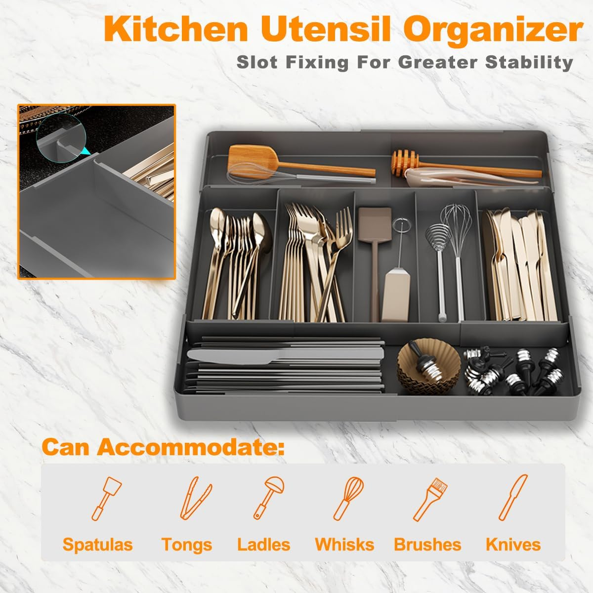 Cutlery Drawer Organiser, Kitchen Drawer Organiser, 4-Sided Telescopic Expandable Cutlery Organiser for Silverware,Cutlery, Accessories or Gadgets,Black image number 3