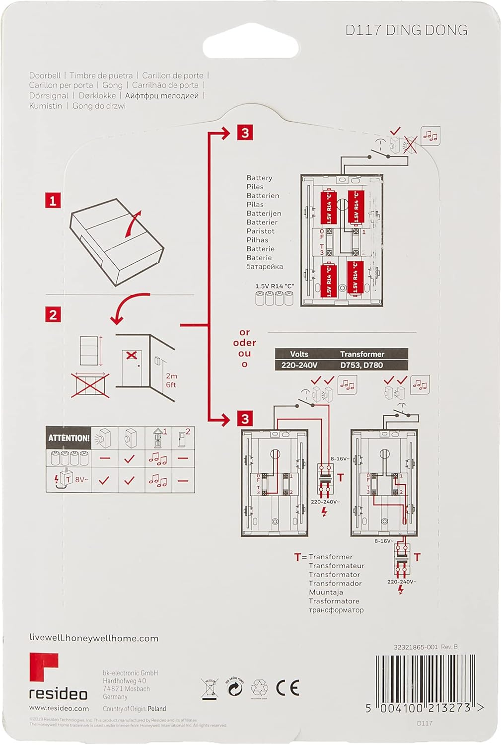 Honeywell Home D117 8V Ding Dong 2 Note Doorbell, White image number 4