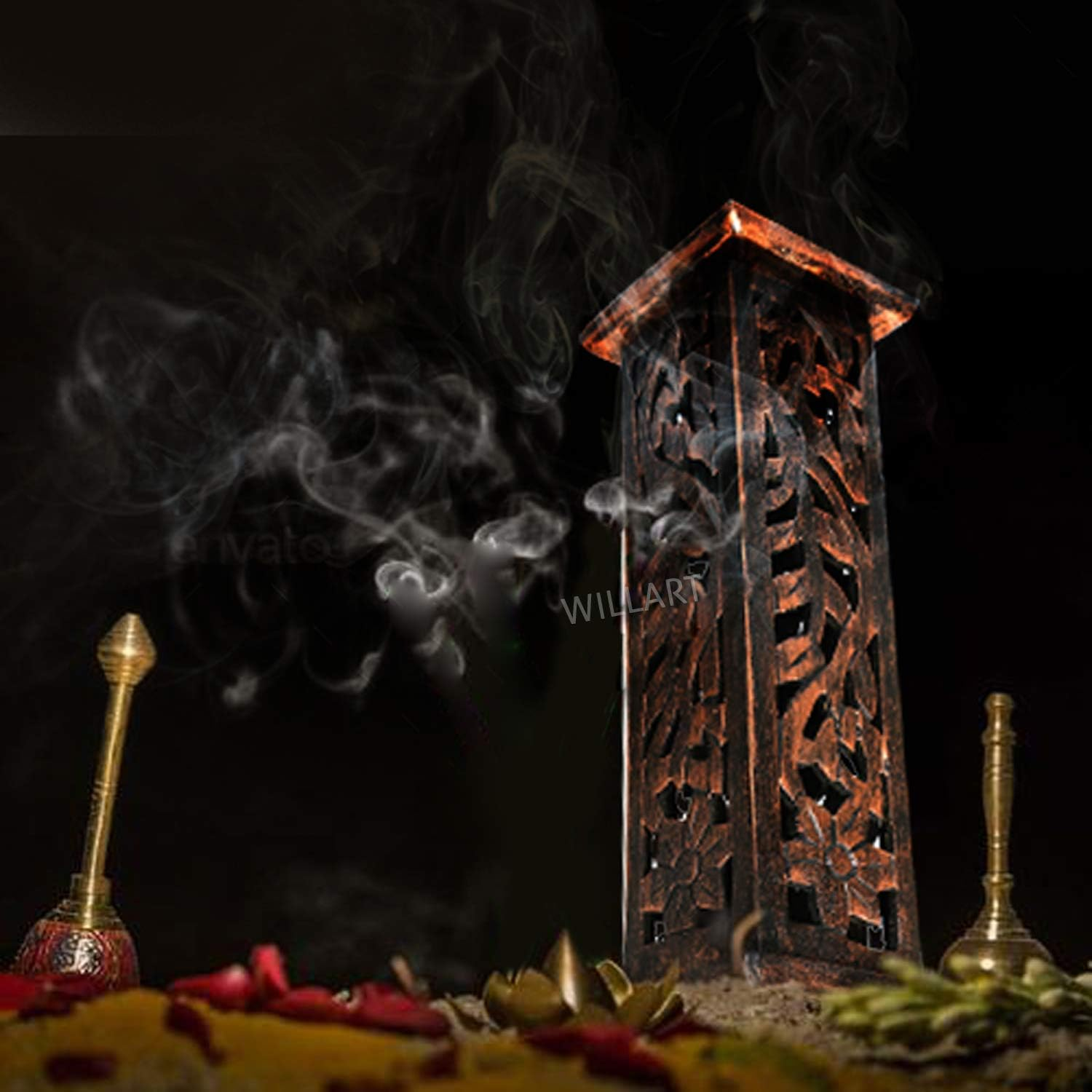 WILLART Wooden Incense Burner Stick Dhoop Stand Holder Burner | Four Stick Holder Tray | Hand Carved Flower Design | Ash Catcher |12 Inches | Home Fragrance | Aromatherapy Meditation Pooja Yoga | Home Accessories |Gift image number 1