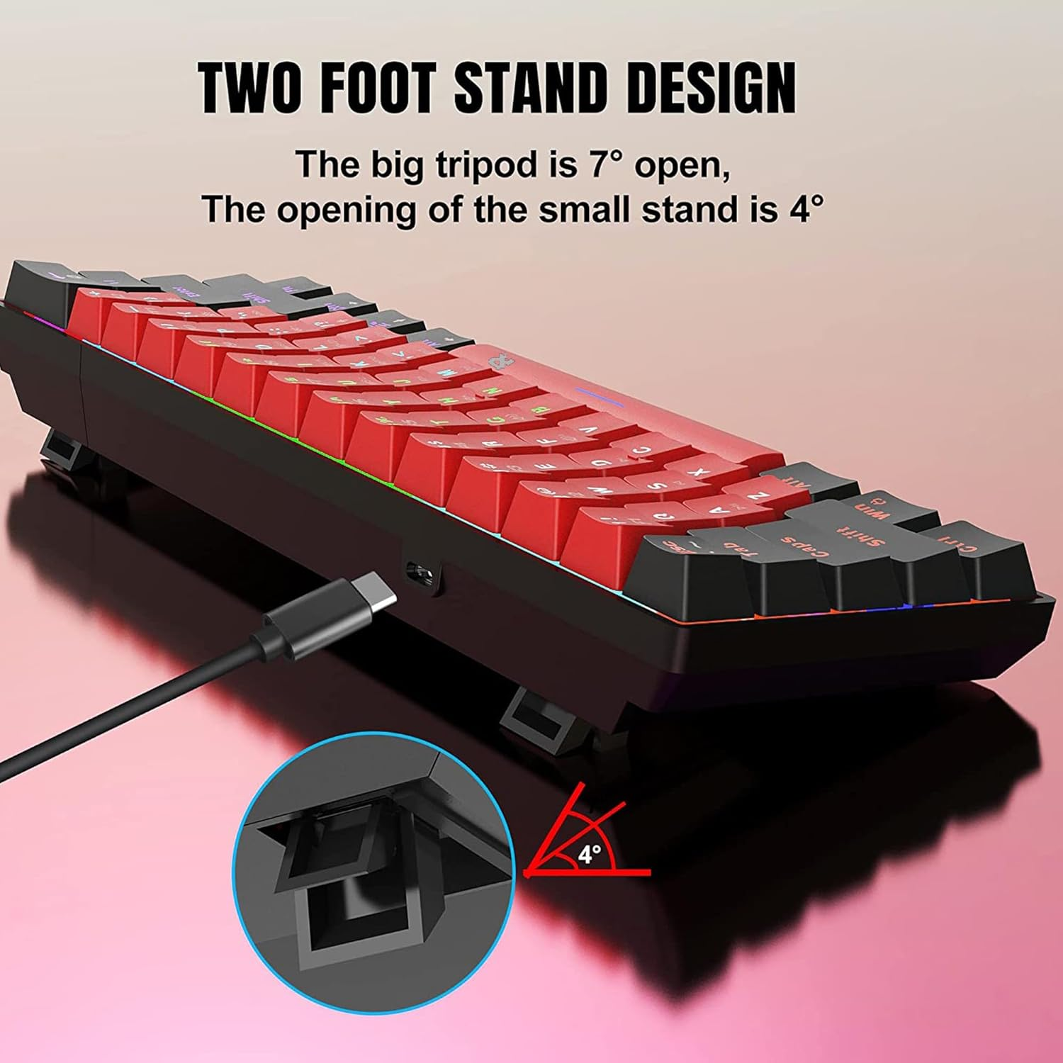 ROCK POW Wired Mechanical PC Gaming Keyboard, LED Backlit 61 Keys Small Wired Office Mechanical Mini Keyboard for Windows Laptop PC Mac (Black-Red, Blue Switches) image number 2