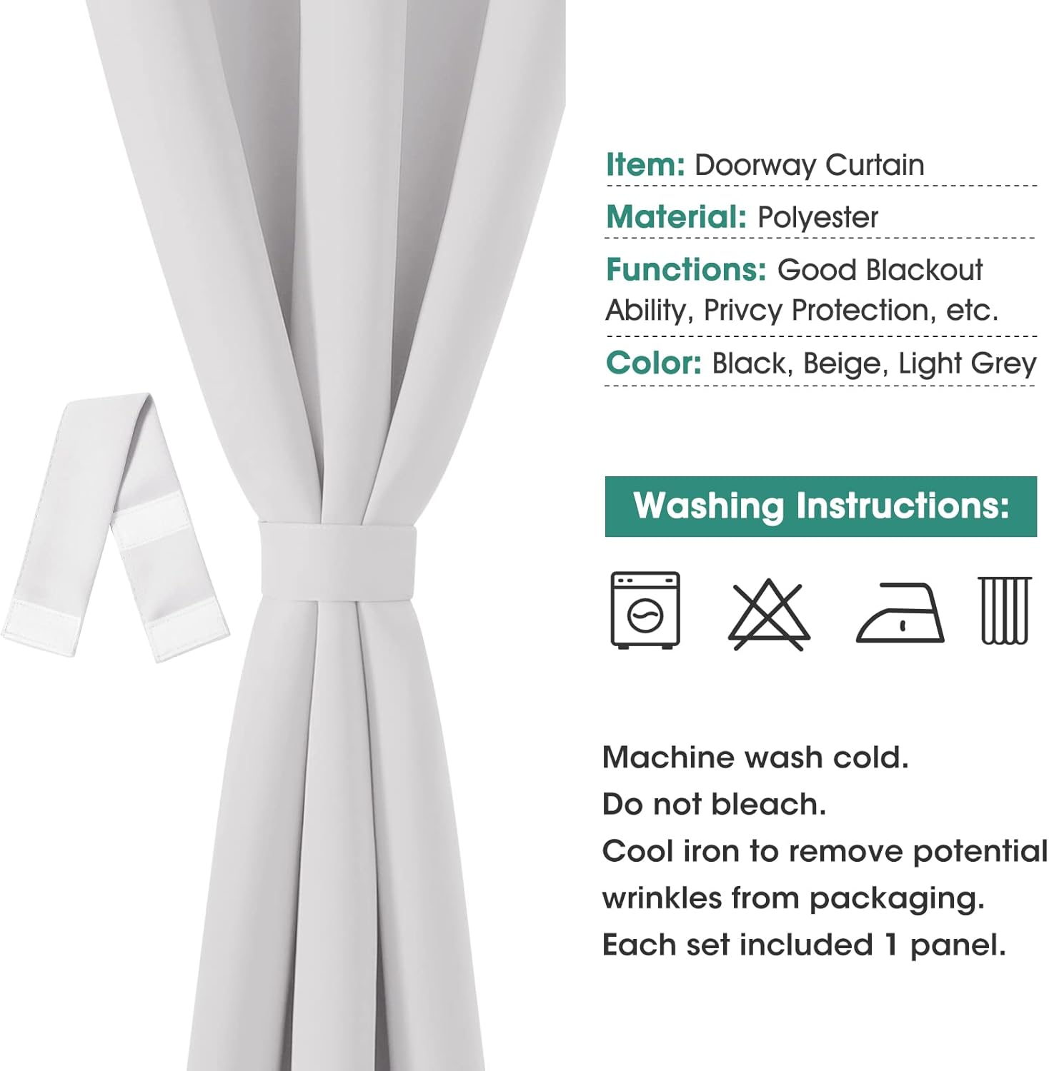 HOMEIDEAS Greyish White Doorway Curtains Privacy, Grommet Closet Curtain for Bedroom, 80 Inches Length Solid Blackout Door Cover Curtains, Tie Back Insulated Window Curtain Drape, 1 Panel image number 2