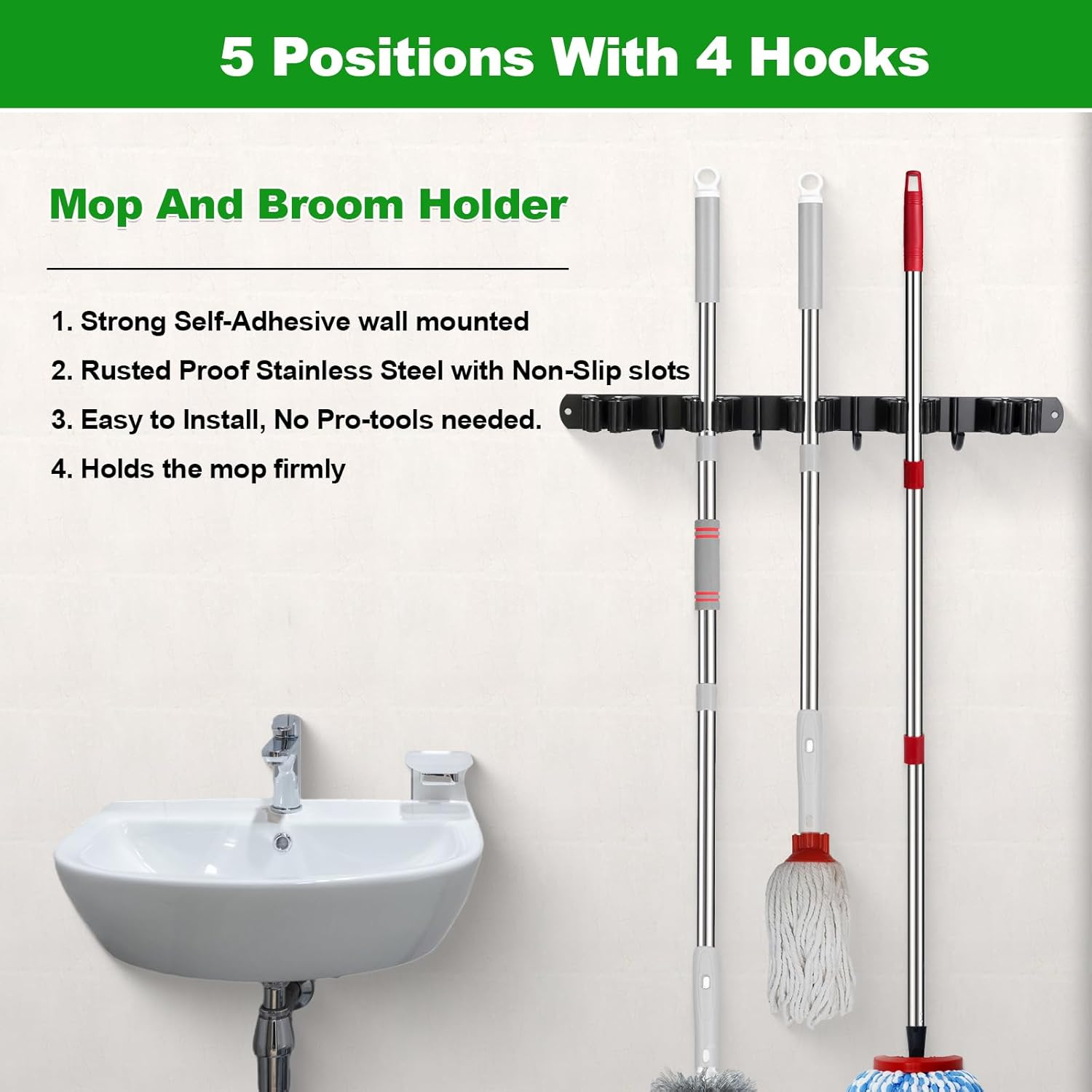 Voze 5 Racks and 4 Hooks Mop and Broom Holder Wall Mount, Self Adhesive Heavy Duty Broom Hanger Organizer Storage Tool Racks for Kitchen Garden Laundry Garage Black image number 4