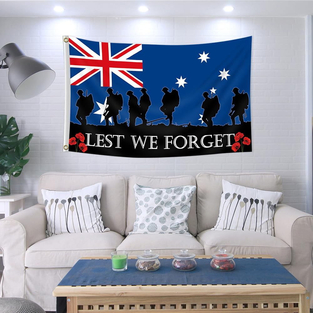Australian Lest We Forget Flag 3X5FT Australia Anzac Day Flag 2 Grommet Decor Outdoor Flags for Memorial Day (Blue) image number 5
