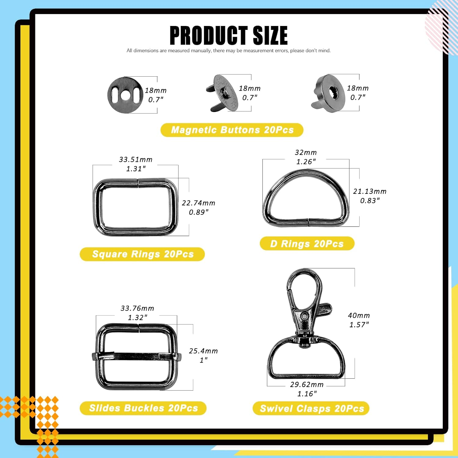 Mardatt 100 PCS 3 Colors Hardware Buckles Kit Including D-Ring, Triangle Slide Square Rings Magnetic Snap Swivel Clasp Hooks, Black image number 6