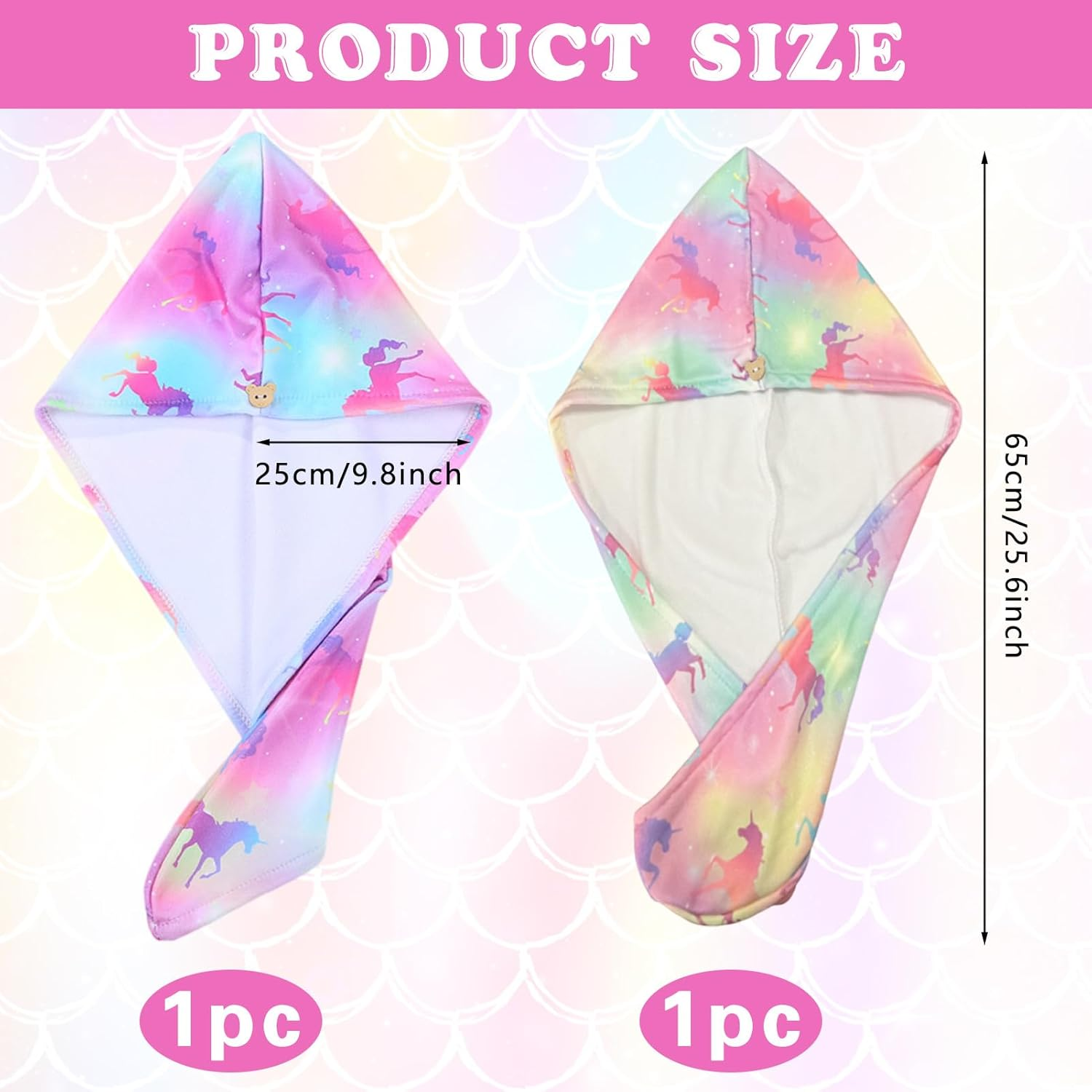 Microfiber Hair Towel Wrap for Kids, 2 Pack Fast Drying Hair Wrap with Buttons, Quick Dry Twisty Hair Towels Wrap for Curly Long Thick Hair anti Frizz (2Pcs Unicorn, One Size) image number 4