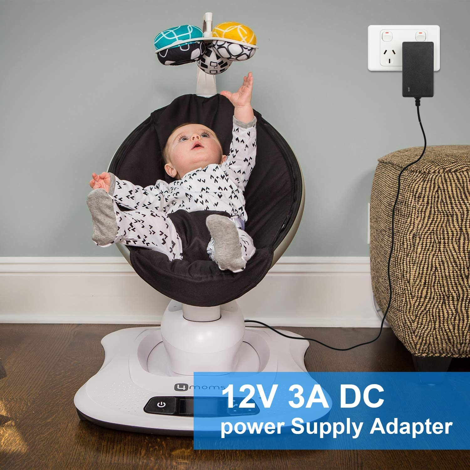 For 4Moms Mamaroo Power Cord for 2/4 Infant Seat Charger, 2015 Mamaroo Infant Seat Bouncer, Rockaroo Baby Swing, 12V 3A Power Supply image number 3