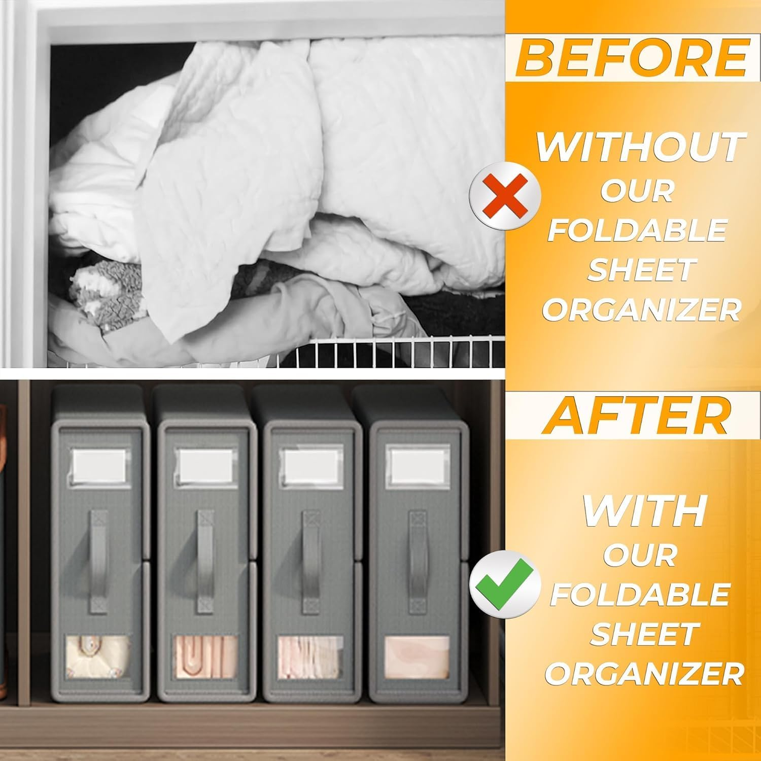 Foldable Bed Sheet Organizer and Storage, Linen Closet Organizer with Window, Label and Clear PVC, Sheet Storage for Bedding Sheets, Duvet Covers and Pillow Cases 2 Pcs (Gray) image number 1