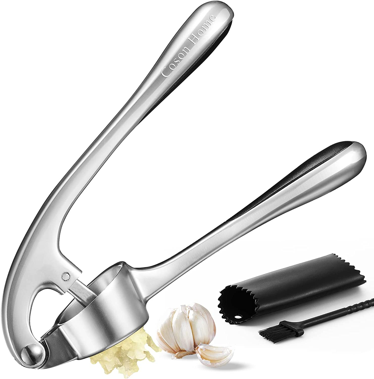 Garlic Press Mincer Crusher Peeler Chopper Garlic Puree Mashed Maker with Silicone Peeler Roller and Cleaning Brush,Zinc Alloy Heavy Soft-Handled 17X4.5Cm Silver image number 5