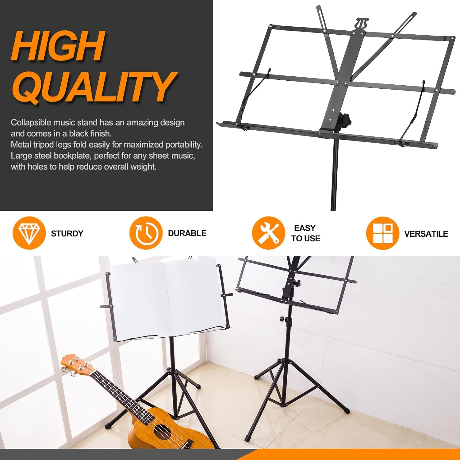 Rustark 1 Pack Sheet Music Stand Reinforced Portable Music Stand Desktop Book Stand Foldable Height-Adjustable Music Stand with Bag for Instrumental Performance Travel