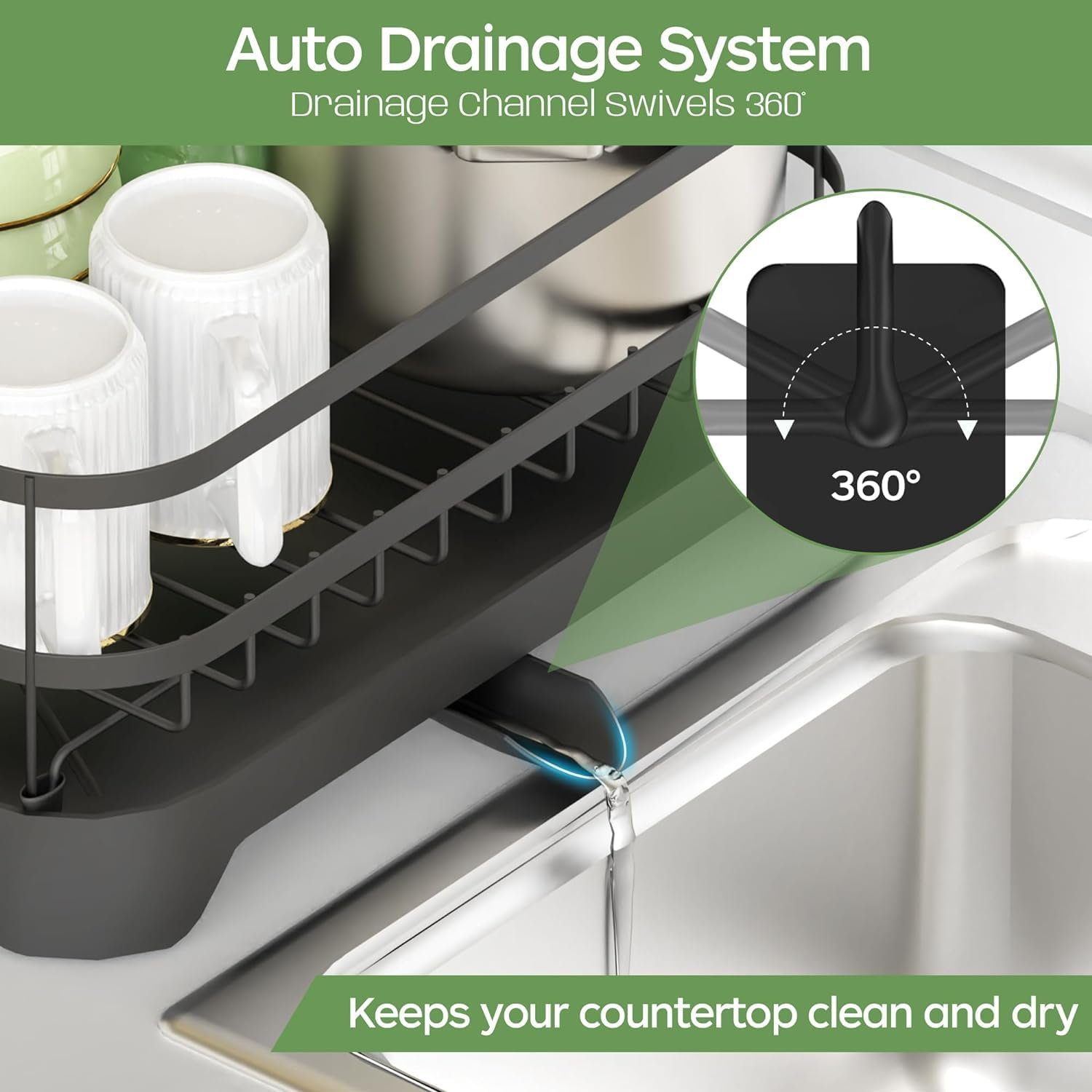 Dish Drying Rack, Stainless Steel Rustproof Dish Rack for Kitchen Counter, Sturdy Dish Drainer with Drainboard, Drainage, Utensil Holder for Various Kitchenware, 16.9"(L) X 12.2"(W), Black image number 4