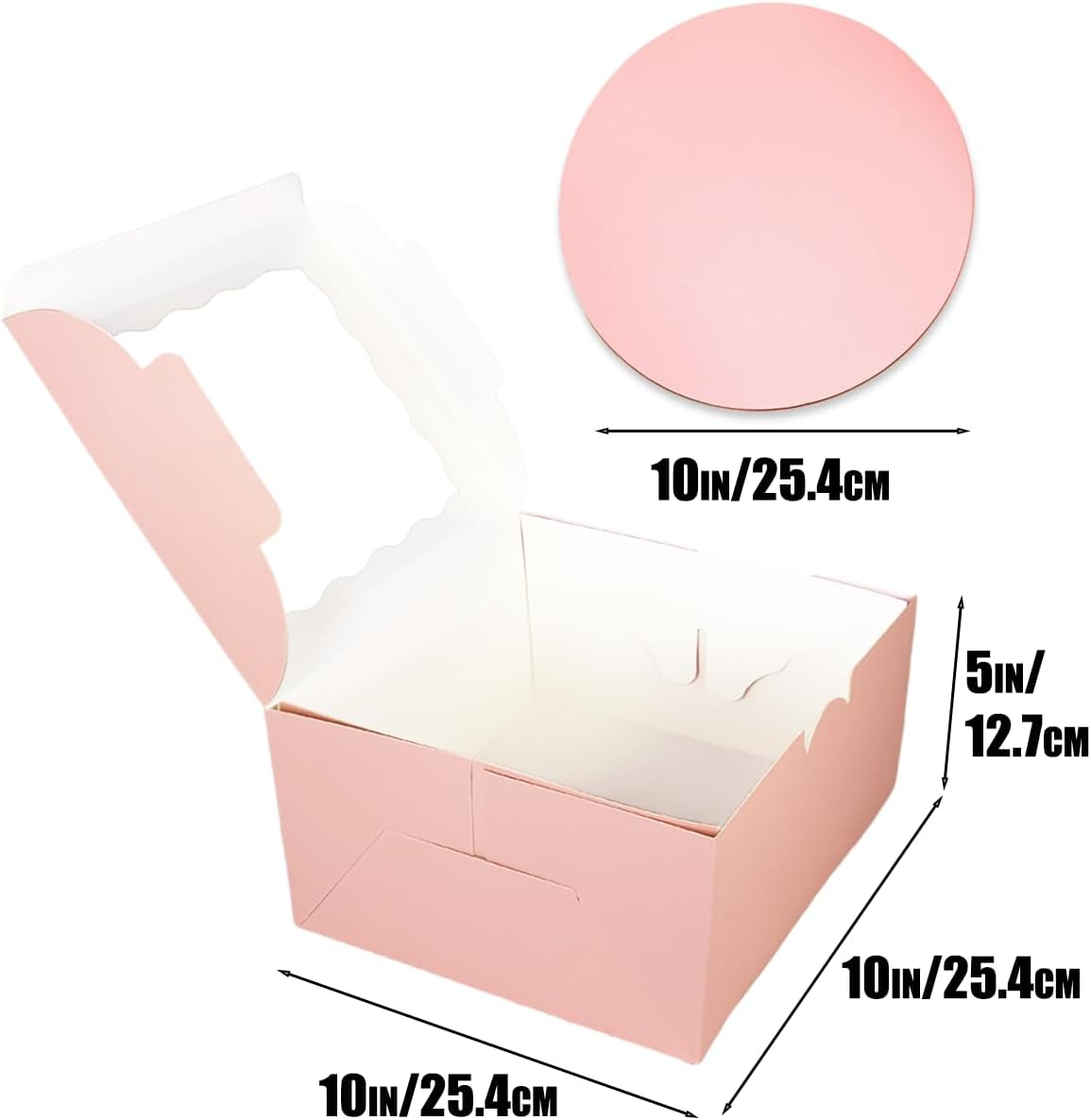 Qiqee 10X10X5 Inch Cake Box, 5 Sets Pink Cake round Boards ＆ 5 Sets 10 Inch Pink Cake Box with Window, Cake Containers(25.4X25.4X13Cm) image number 2