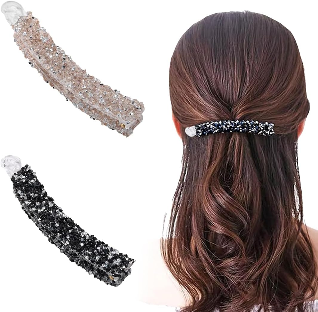 Pack of 2 Banana Clips, Rhinestone Beads Banana Hair Clips, Vintage Fishtail Hair Clip, Non-Slip Ponytail Holder Clip for Women, for Thick Fine Hair (Black + Champagne) image number 5