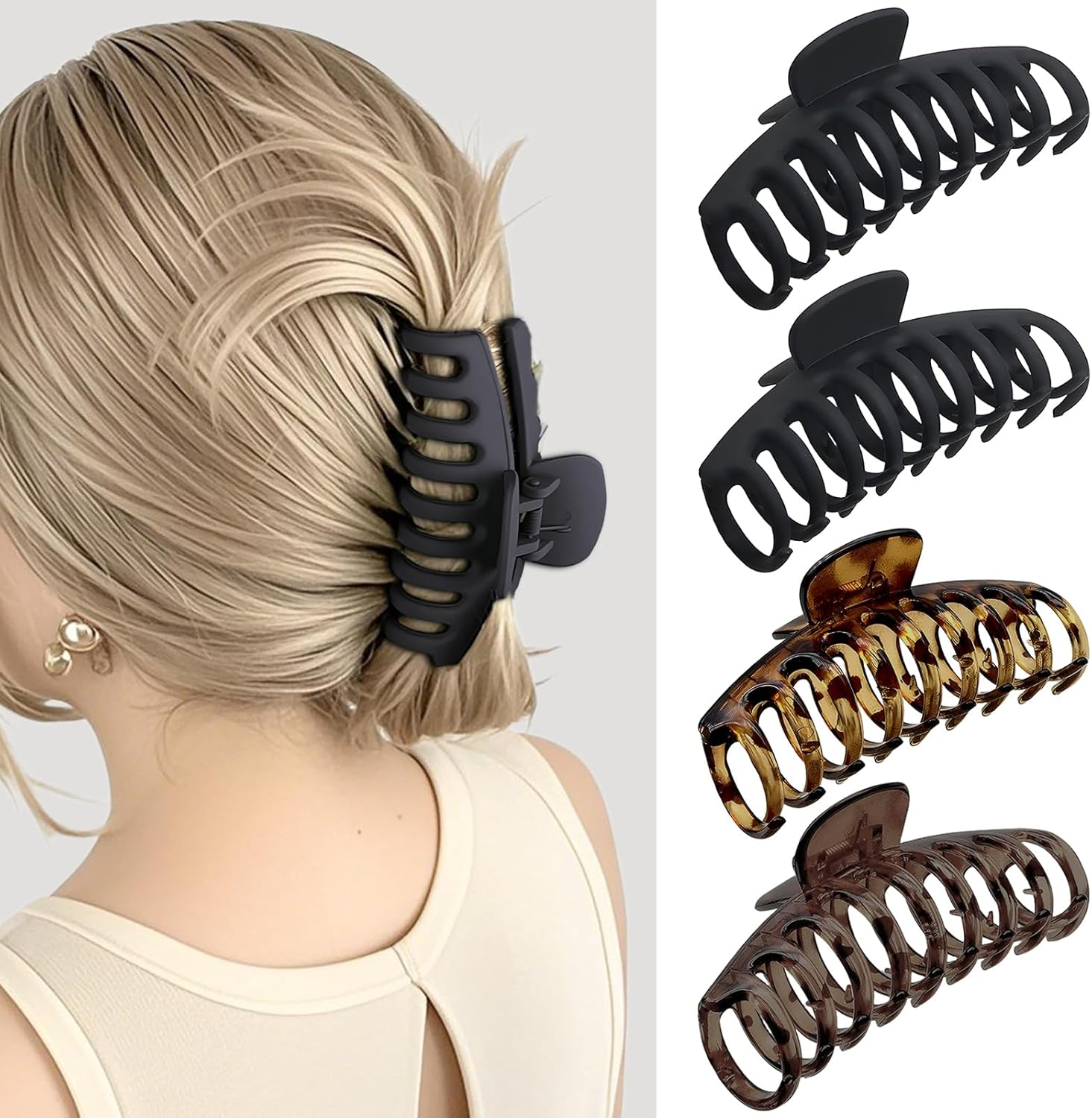 PUSCOBSY Hair Claw Large for Thick Hair, Hair Clips 11 Cm Non-Slip Hair Clip Pack of 4 Strong Hold Hair Clips for Women, Black/Leopard Dark Brown/Leopard Light Brown image number 2