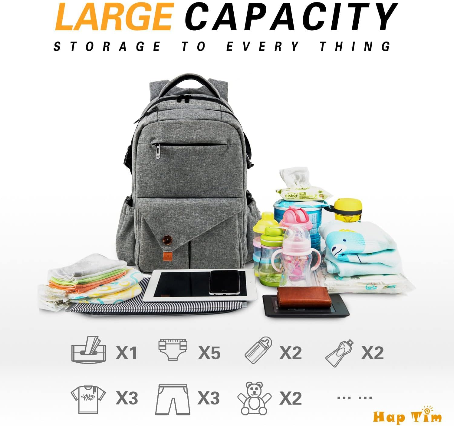 Haptim Multi-Function Large Baby Diaper Bag Backpack W/Stroller Straps-Insulated Bottle Pockets-Changing Pad,Stylish & Durable image number 6