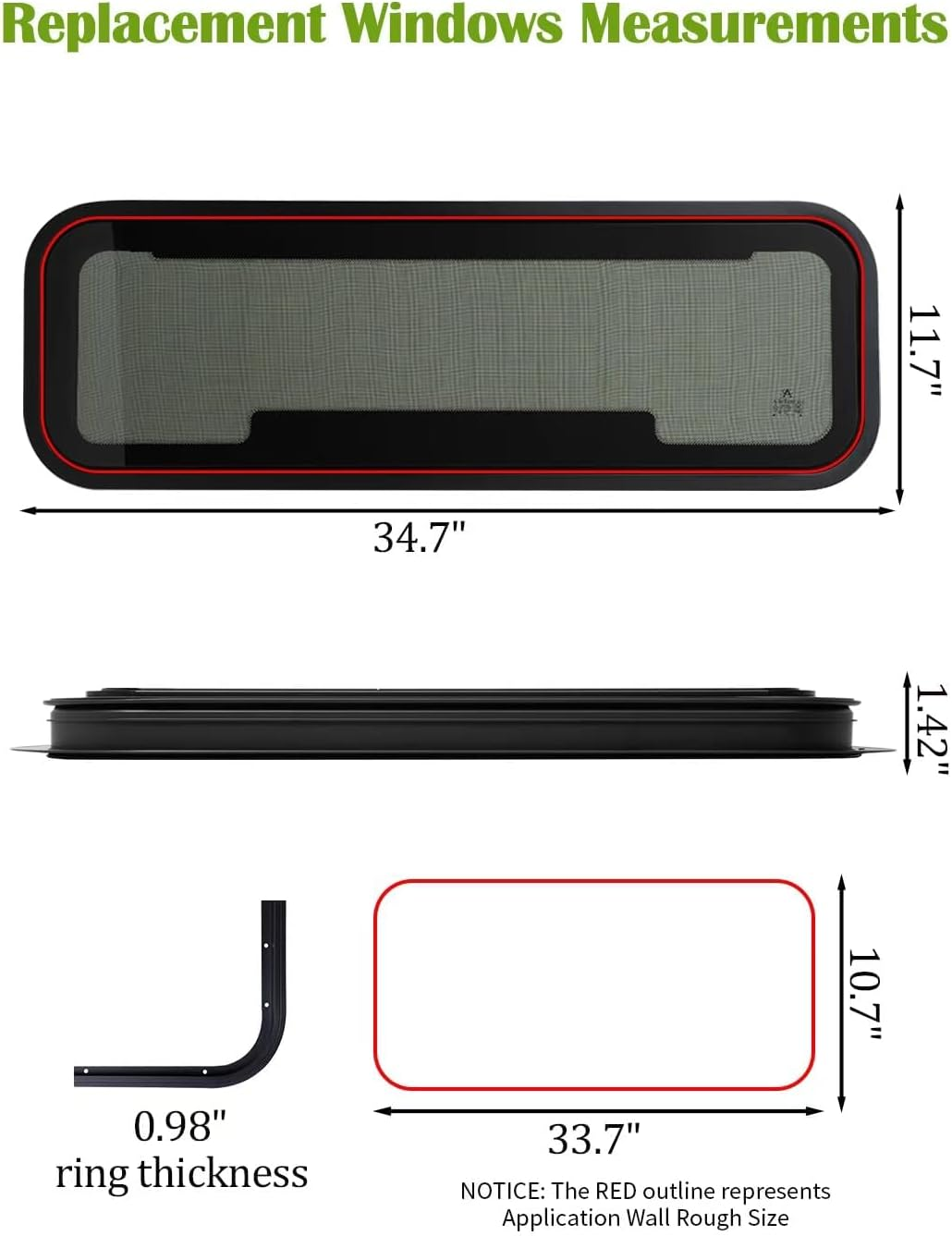 RV Window | 33.7" W X 10.7" H | Universal Camper Van Bunk Awning Window | Tempered Glass &Trim Set | DOT Certification Qualified