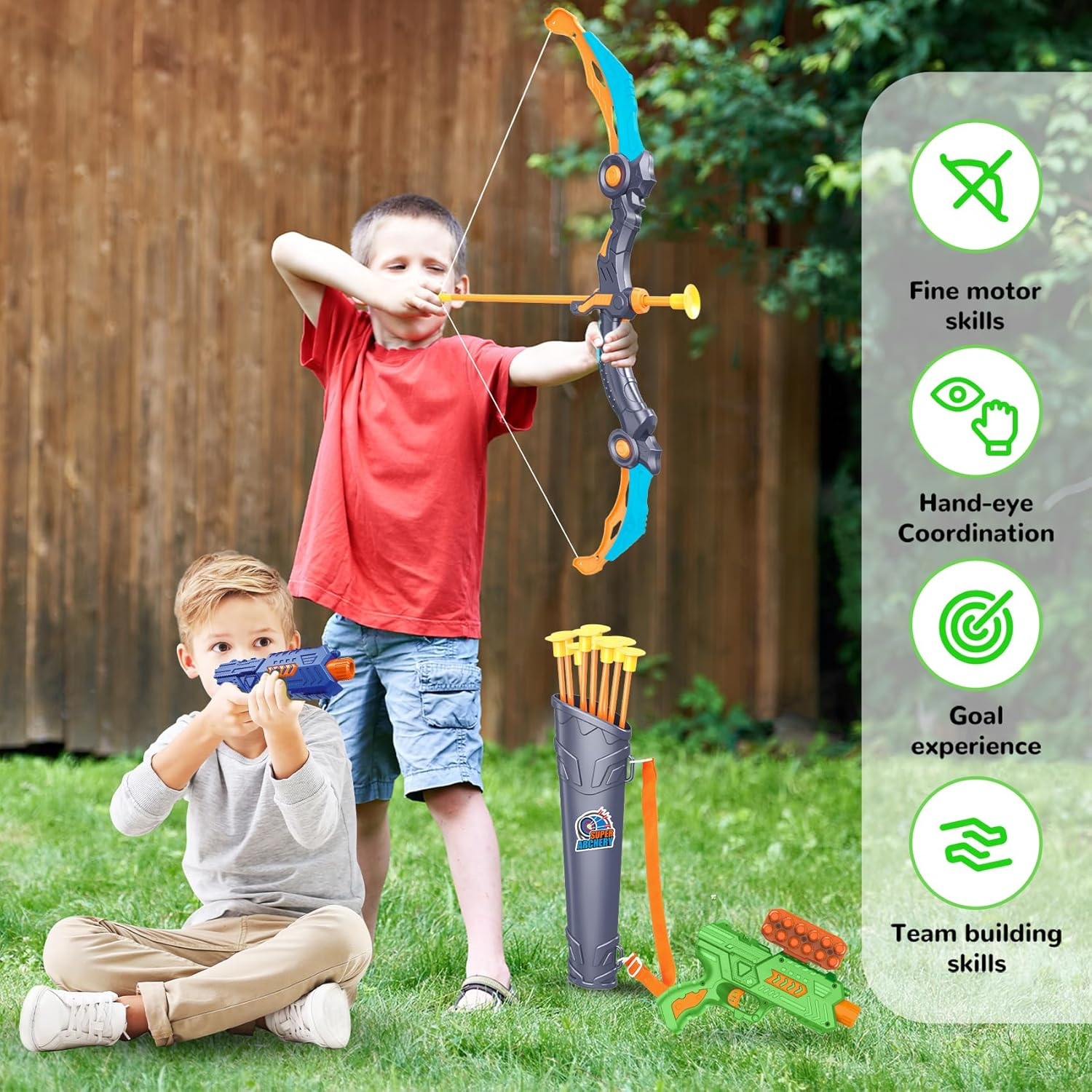 GMAOPHY 2 Pack Bow and Arrow for 5 6 7 8 9 10 11+ Year Old Boys, Birthday Kids, Indoor Outdoor Activity Toys, LED Light up Archery Toy with 20 Suction Cup Arrows, Standing Target & 2 Quiver image number 3