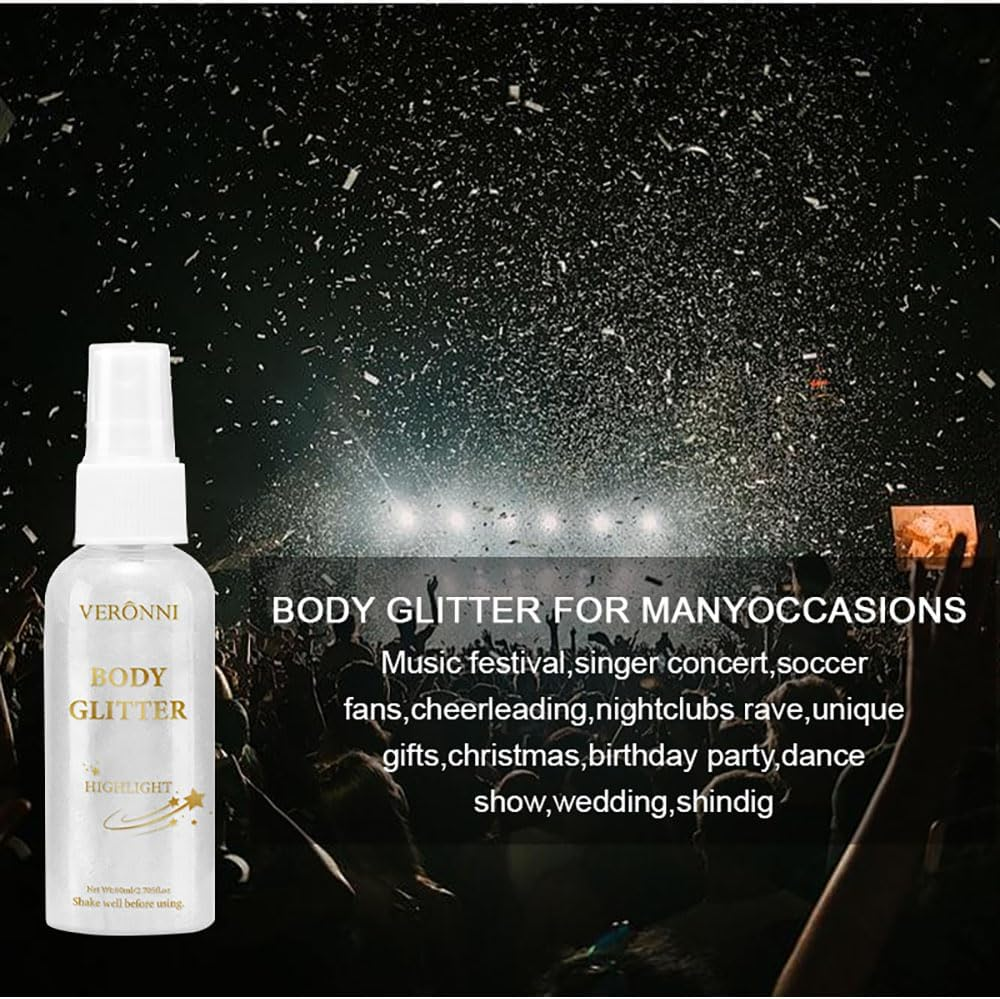 Body Glitter Spray for Women, Body Shimmer Sparkle Highlighter Spray, Silver-White Liquid Glitter Sprays, Natural Shine, Long Lasting, Quick-Drying for Stage, Festival, Party and Makeup