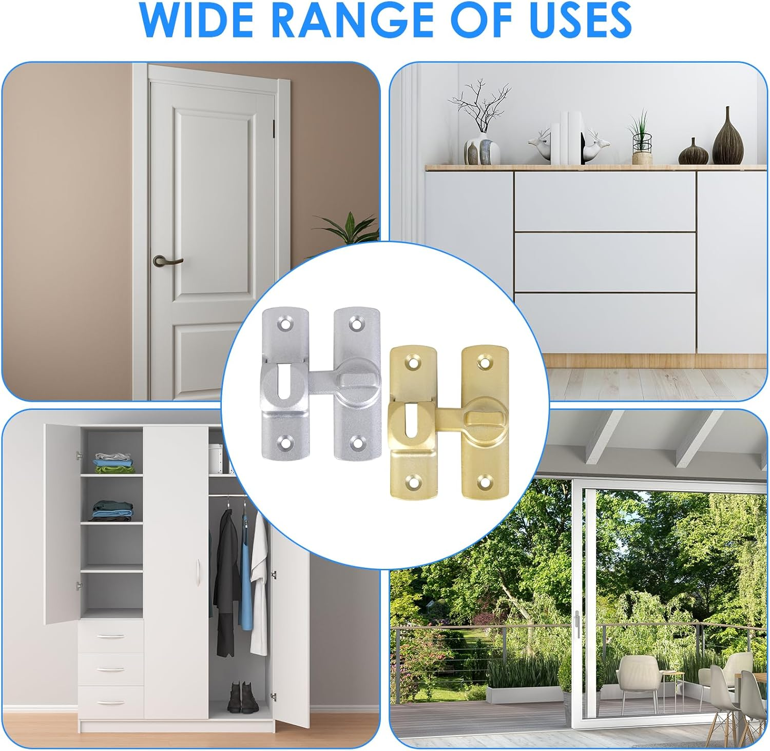 2 Pcs Silvery Barn Door Latches & Gold Gate Latches, Heavy Duty 90/180&deg; Adjustable Flip Gate Latches Hardware, Zinc Alloy Right Angle Lock for Sliding Doors, Cabinets, Bathrooms & Fences image number 2