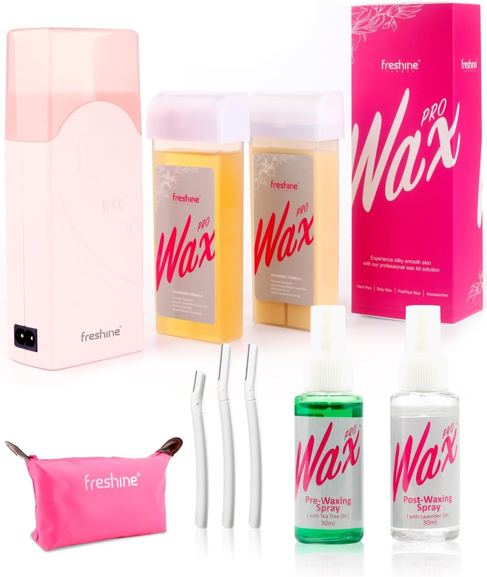 Freshine Roll on Waxing Kit Wax Strips Roller Wax Warmer Heater Waxing Care Spray Kit for Hair Removal Face Legs Arms Body (Blue 200G Spray Kits)