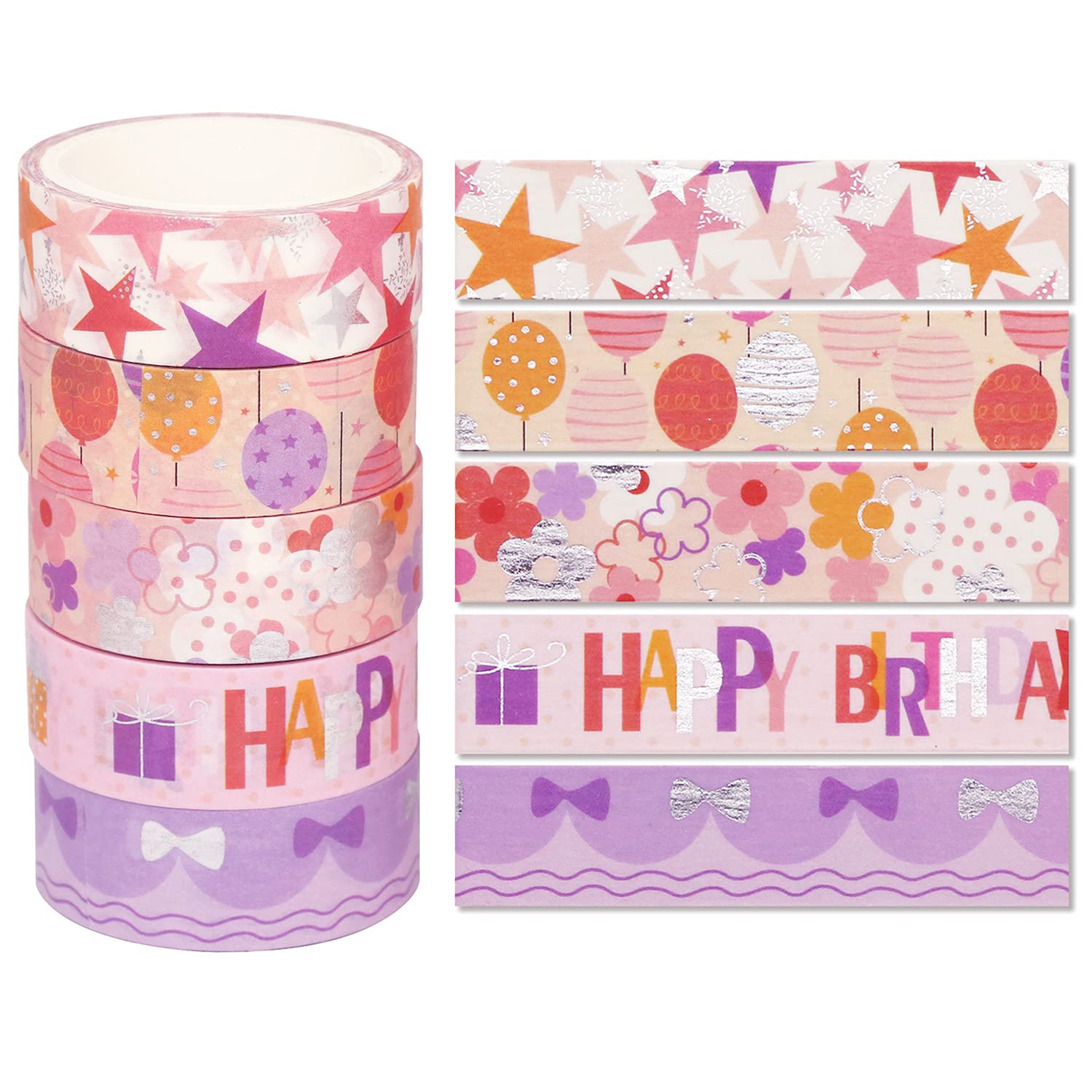 YUBX Birthday Washi Tape Set 15 Rolls Silver Foil Print Decorative Masking Tapes for Arts, DIY Crafts, Bullet Journals, Planners, Scrapbook, Wrapping image number 5