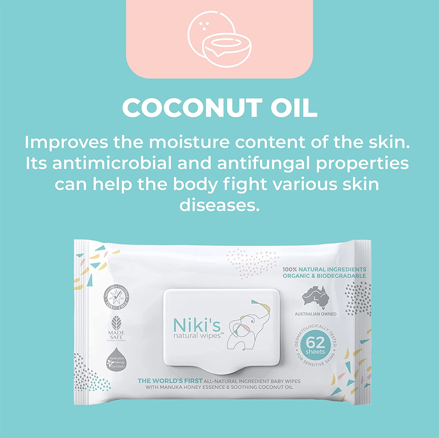 Niki'S Natural Baby Wipes | World'S First All Natural Baby Wipes with Manuka Honey and Coconut Oil | 1,488 Wipes (24 Pack X 62 Wipes) image number 5