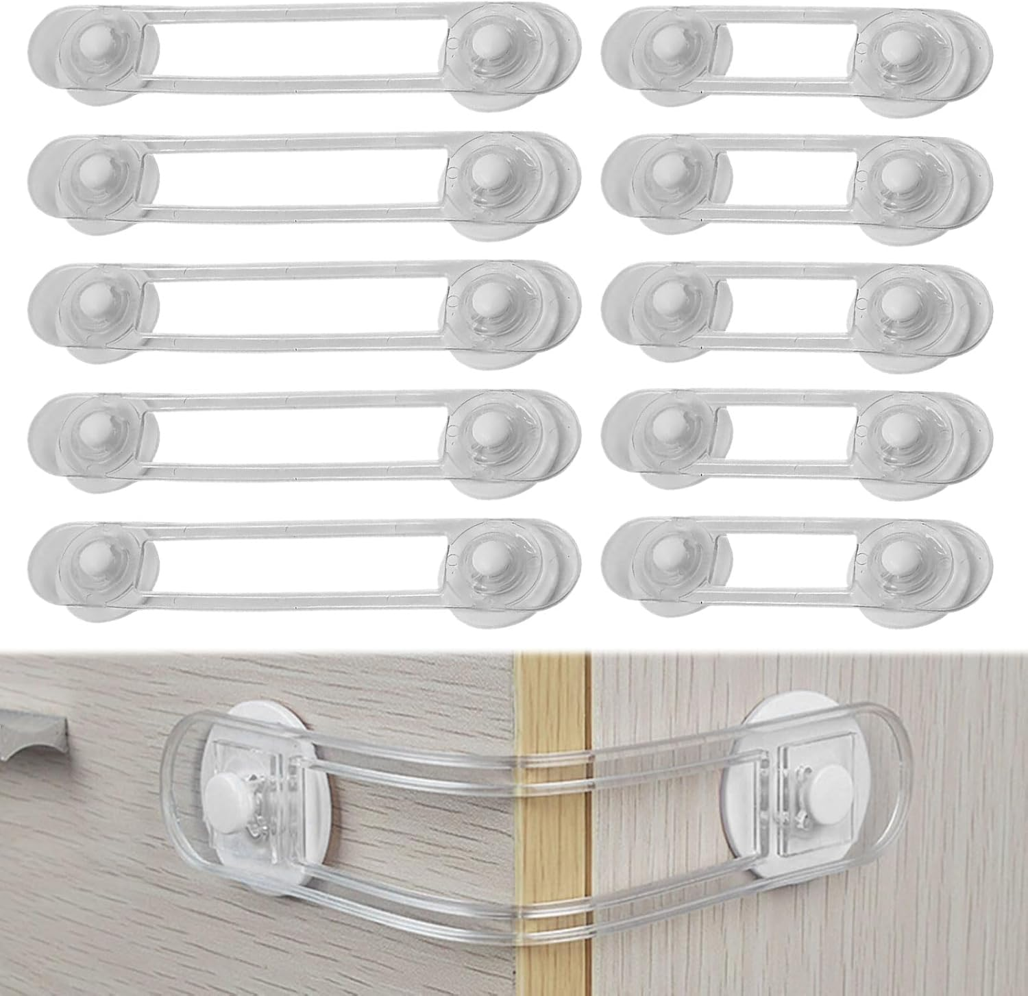 Child Locks for Cabinets and Drawers, 10Pcs Child Safety Locks, Baby Proof Cupboard Locks, Baby Proofing Latches to Drawer Door Fridge, No Drilling Adjustable Strap with 3M Adhesive Pads