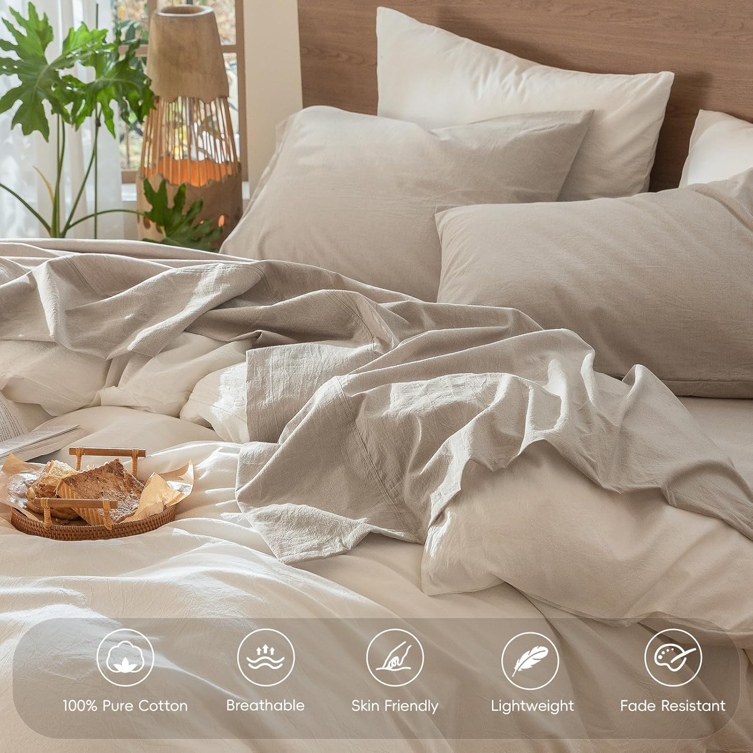 Moomee Bedding Sheet Set 100% Washed Cotton Linen like Textured Breathable Durable Soft Comfy (Tannish Linen Grey, Queen)