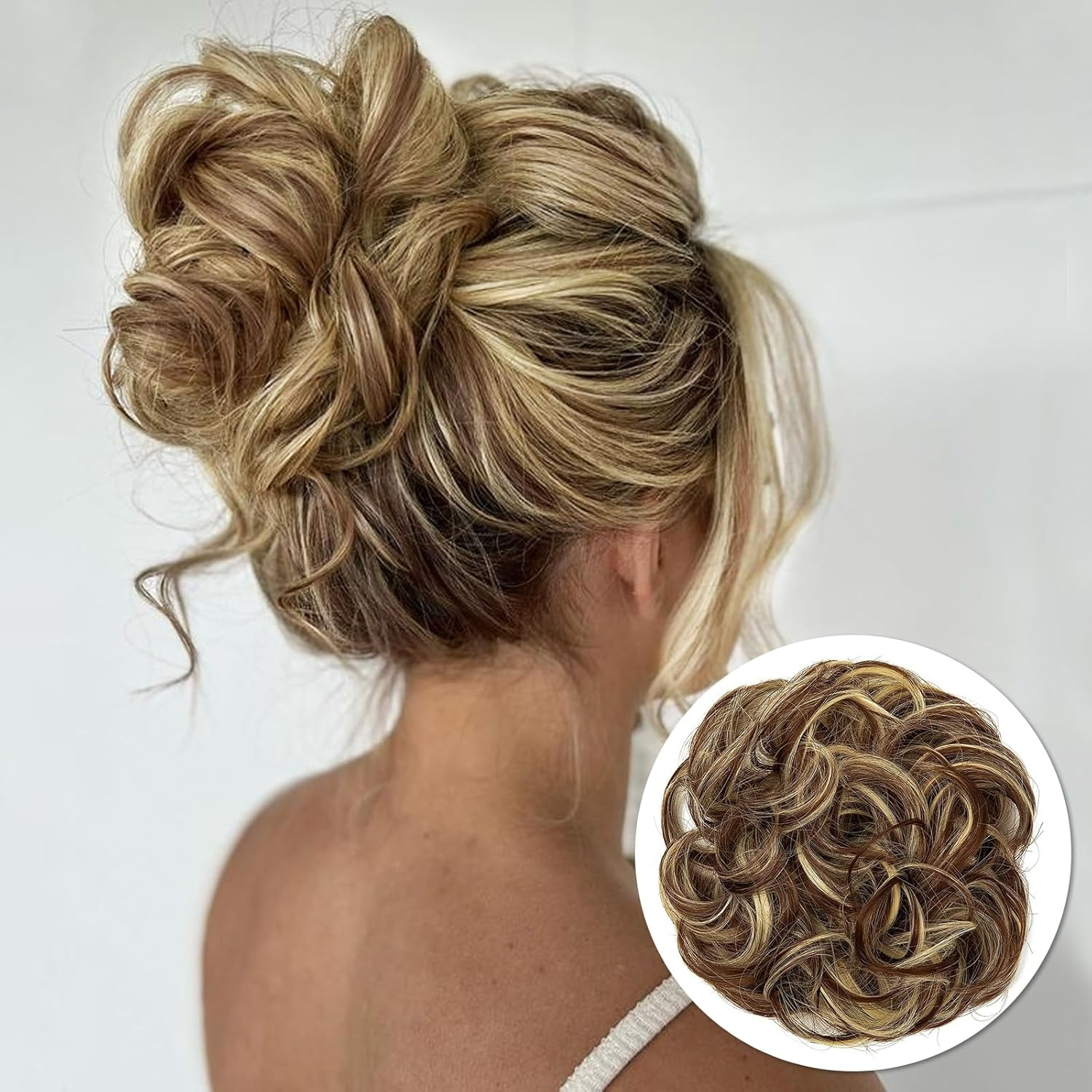 PHOCAS Messy Buns Hair Pieces for Women Curly Bun Hair Piece Fluffy Bun Extensions for Women(Highlightbrown) Daily Use