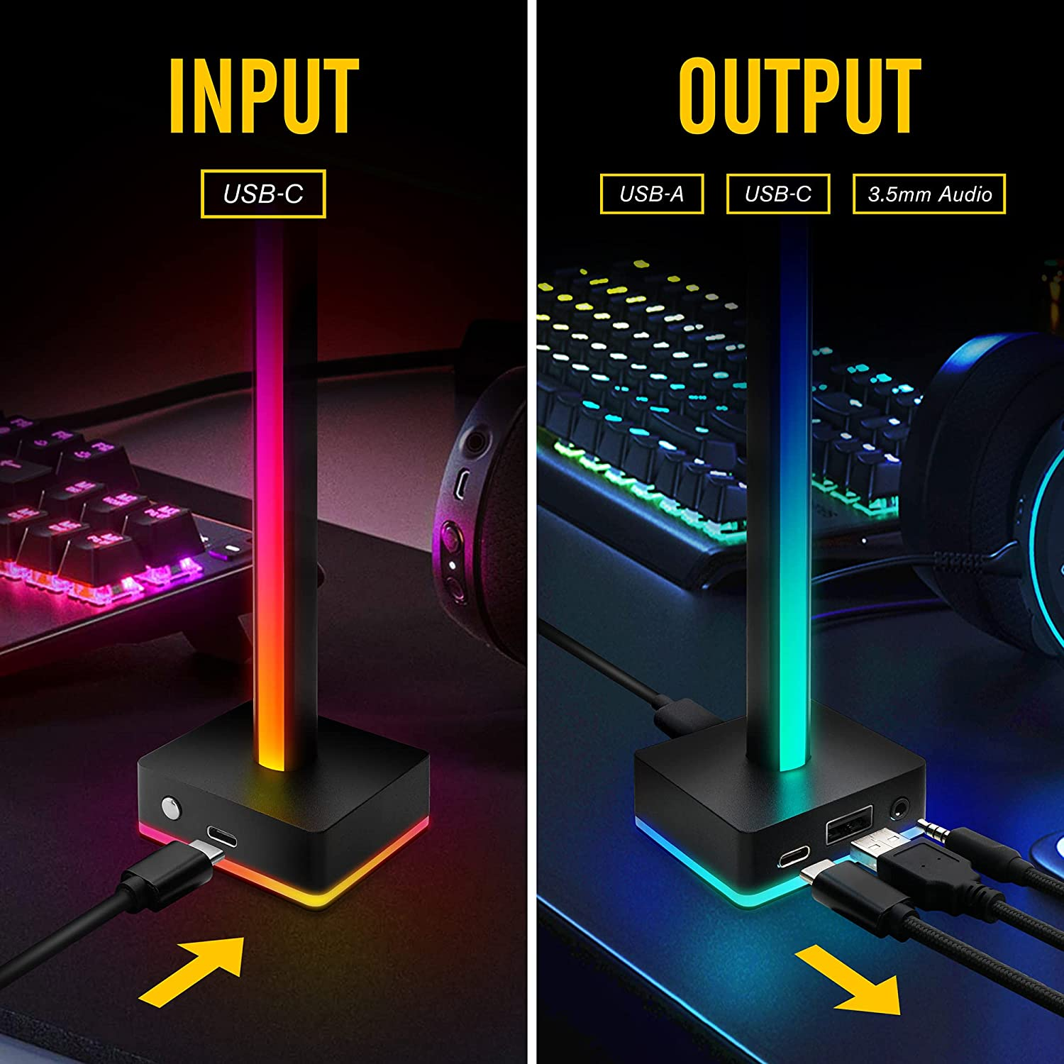 EZDIY-FAB USB LED Light Bar Headphones Stand, Desktop Atmosphere RGB Backlight,50 Built-In Color Modes, Headphone Holder for Gamers Gaming PC Accessories Desk- Black image number 4