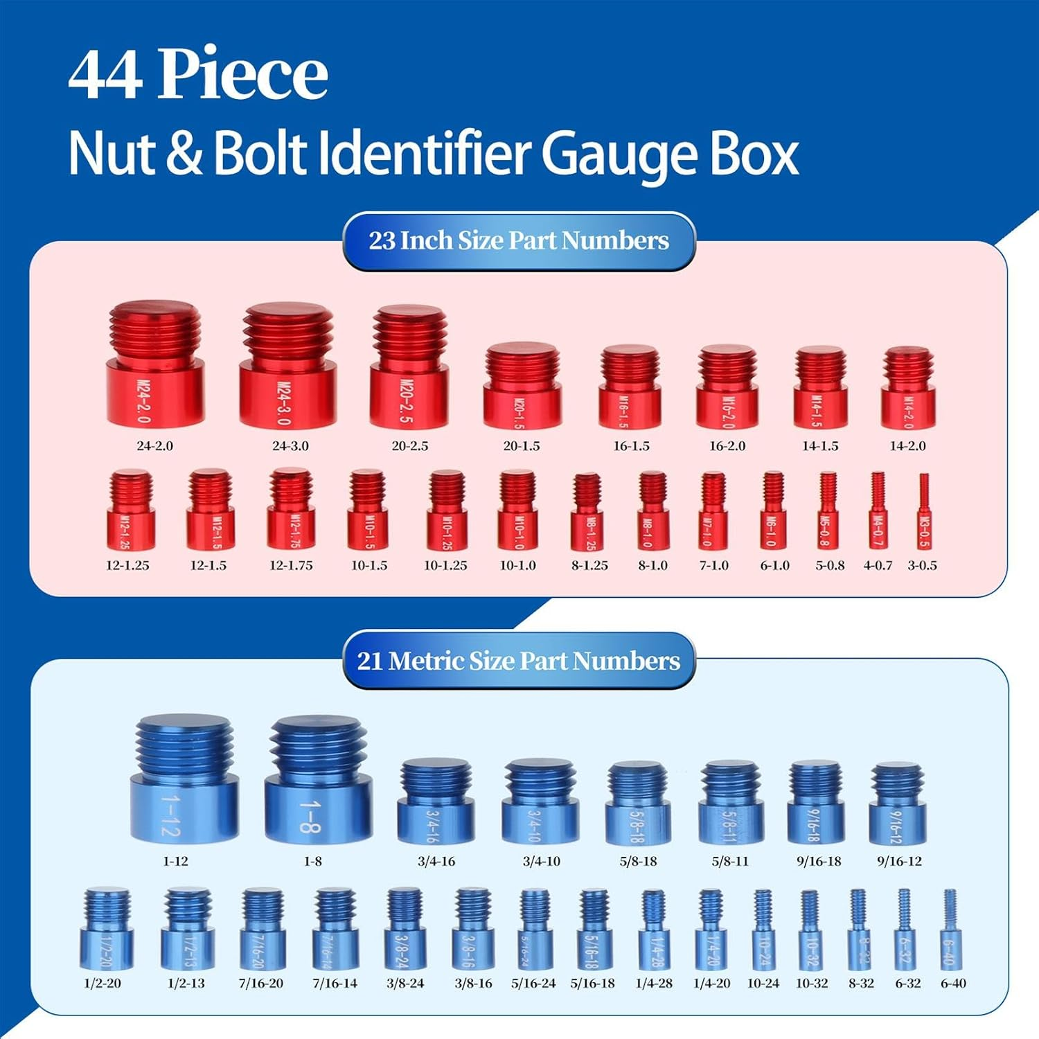 Amagogo 44Pcs Nut and Bolt Thread Checker Bolt and Nut Identifier Gauge Box Male/Female Gauges image number 3